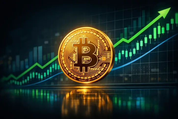Bitcoin dourado sobre gráfico financeiro em alta representando valorização e análise de investimento em criptomoedas em 2026