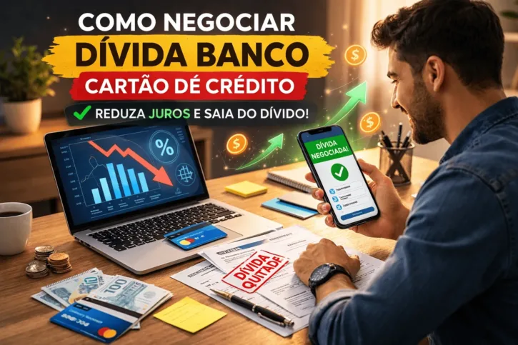 Pessoa analisando fatura e negociando dívida banco pelo celular para quitar cartão de crédito