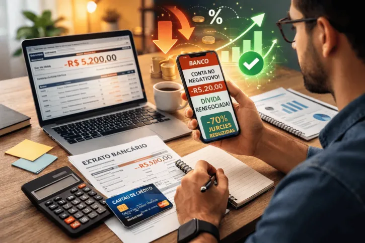 Pessoa analisando conta bancária negativa e renegociando dívida de cheque especial pelo celular.