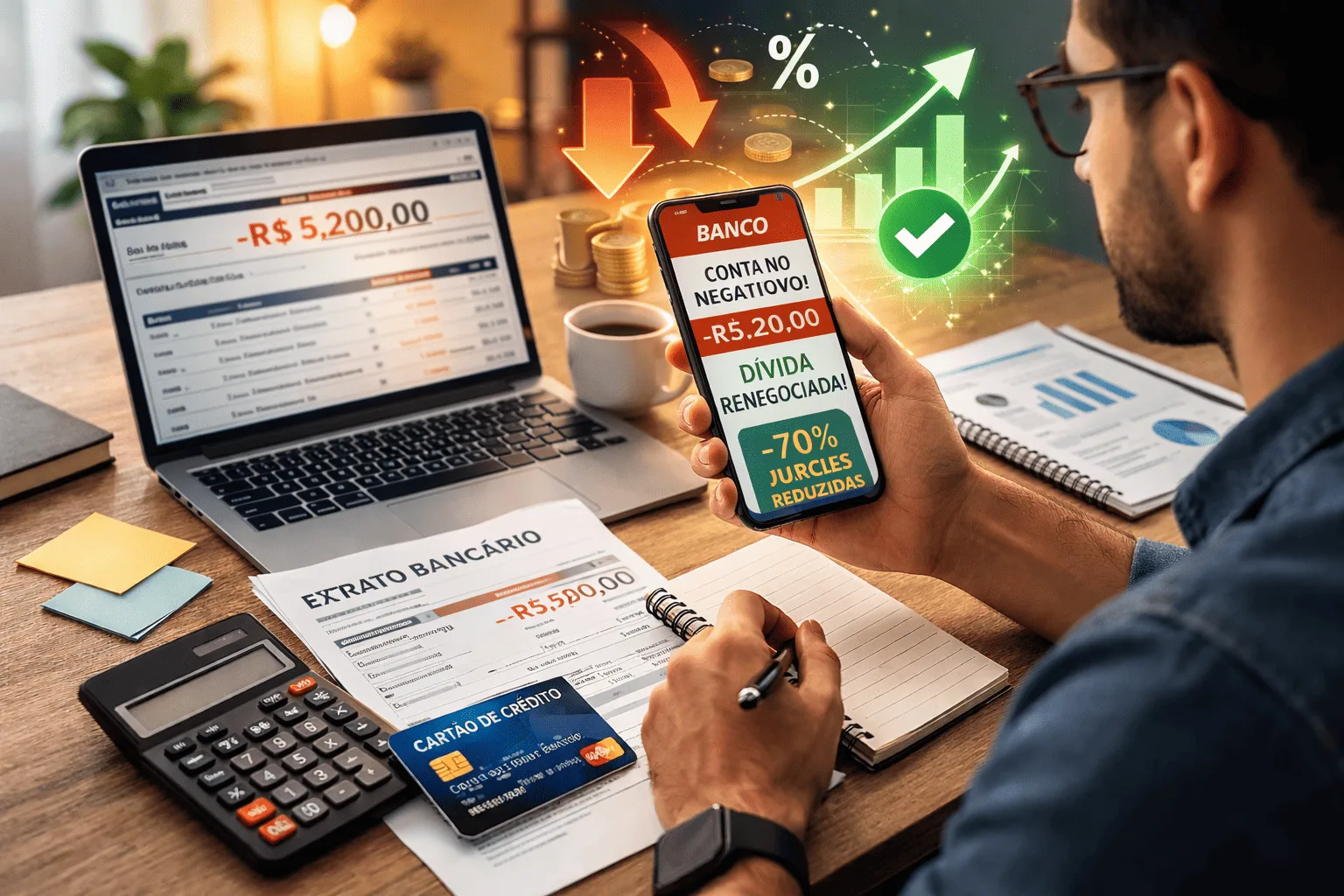 Pessoa analisando conta bancária negativa e renegociando dívida de cheque especial pelo celular.