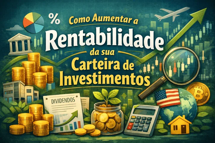 Como aumentar a rentabilidade da sua carteira de investimentos com gráficos financeiros em crescimento, moedas douradas e análise de mercado.