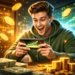homem jogando no celular com elementos de jogos e moedas representando como ganhar dinheiro jogando no celular