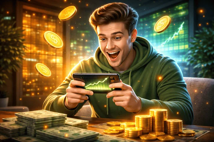 homem jogando no celular com elementos de jogos e moedas representando como ganhar dinheiro jogando no celular