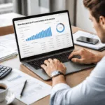 Pessoa analisando financiamento imobiliário em notebook com gráficos financeiros e simulação de parcelas na tela, em mesa organizada com documentos, calculadora e café, em ambiente moderno com iluminação natural suave.