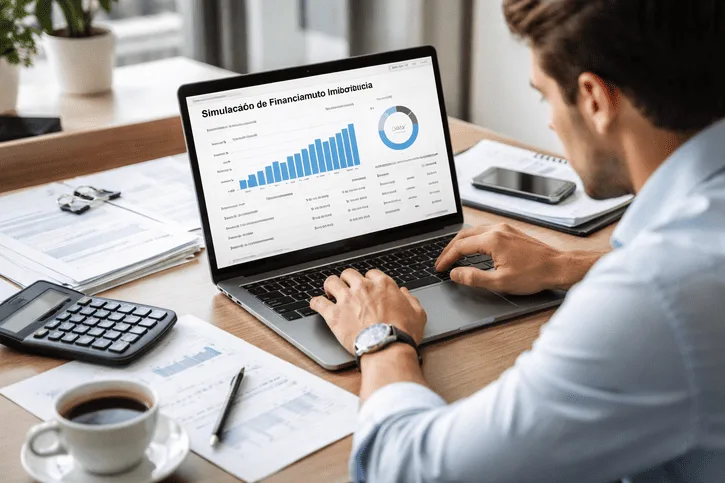 Pessoa analisando financiamento imobiliário em notebook com gráficos financeiros e simulação de parcelas na tela, em mesa organizada com documentos, calculadora e café, em ambiente moderno com iluminação natural suave.