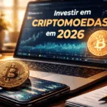 Imagem realista em 4K mostrando um laptop com gráficos de criptomoedas, moedas físicas de Bitcoin e outras criptos sobre o teclado, e um smartphone exibindo um aplicativo de investimentos com dados de mercado em tempo real.