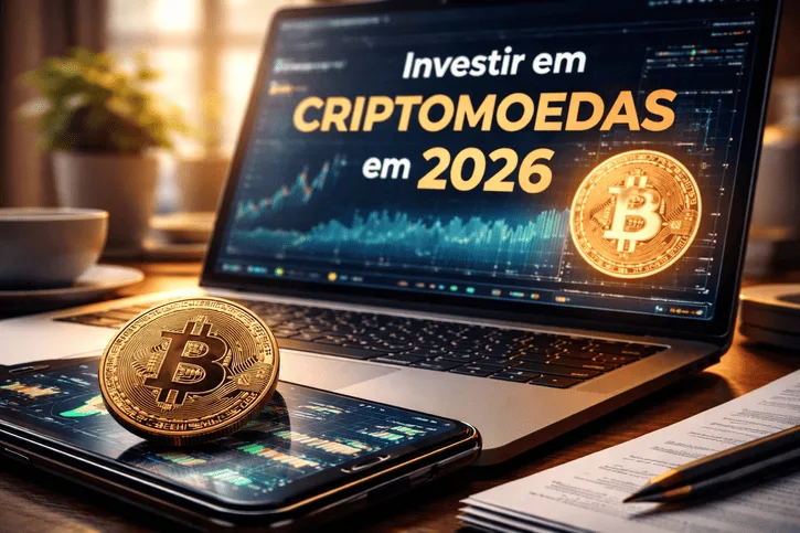 Imagem realista em 4K mostrando um laptop com gráficos de criptomoedas, moedas físicas de Bitcoin e outras criptos sobre o teclado, e um smartphone exibindo um aplicativo de investimentos com dados de mercado em tempo real.