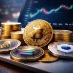 criptomoedas como Bitcoin Ethereum e Solana sobre notebook com gráfico de alta representando melhor criptomoeda para investir hoje
