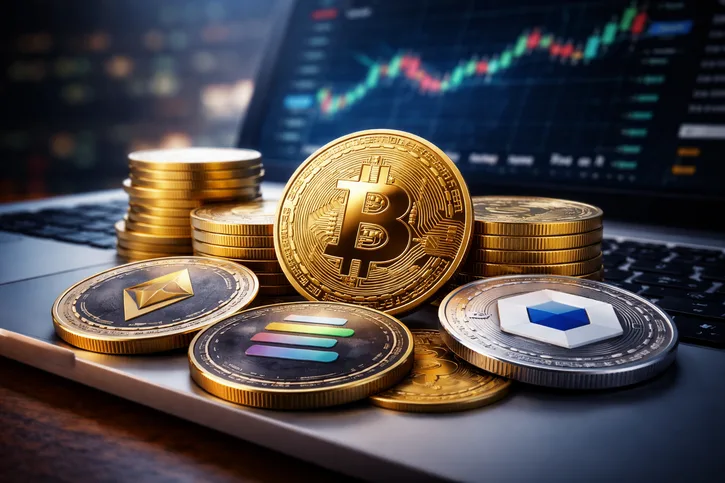 criptomoedas como Bitcoin Ethereum e Solana sobre notebook com gráfico de alta representando melhor criptomoeda para investir hoje