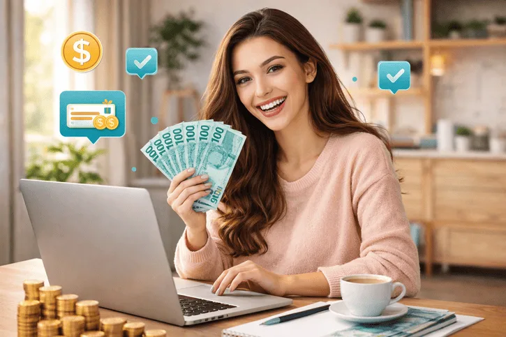 Mulher sorrindo segurando dinheiro ganho com pesquisa remunerada online