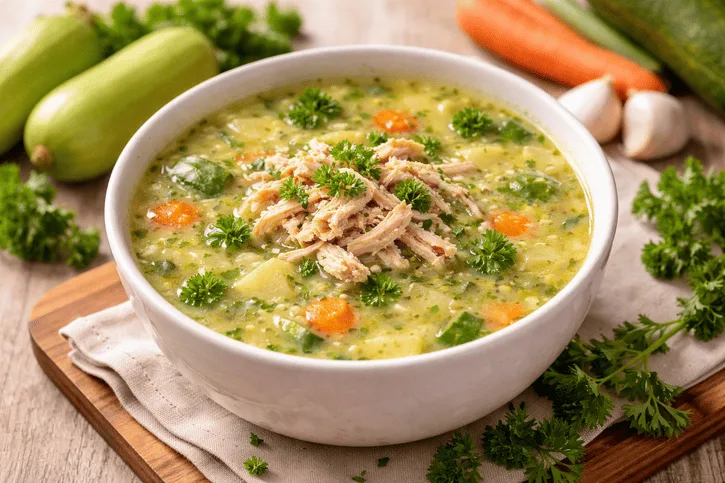 prato de sopa bariátrica com legumes picados e frango desfiado em tigela branca sobre mesa de madeira