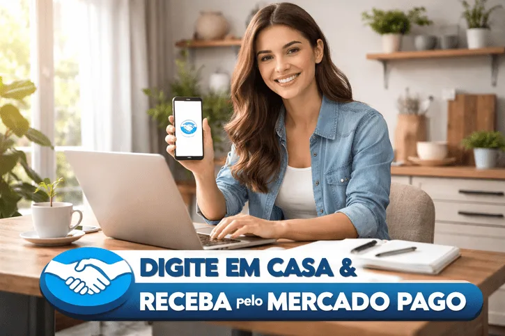 Mulher trabalhando como digitador home office com notebook e celular recebendo pelo Mercado Pago