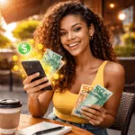Mulher brasileira sorrindo usando celular e segurando dinheiro real mostrando como ganhar dinheiro usando apenas o celular