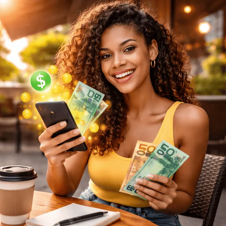 Mulher brasileira sorrindo usando celular e segurando dinheiro real mostrando como ganhar dinheiro usando apenas o celular