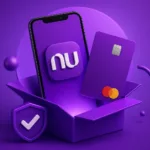 Ilustração de aplicativo bancário digital com smartphone e cartão roxo representando abertura de conta online