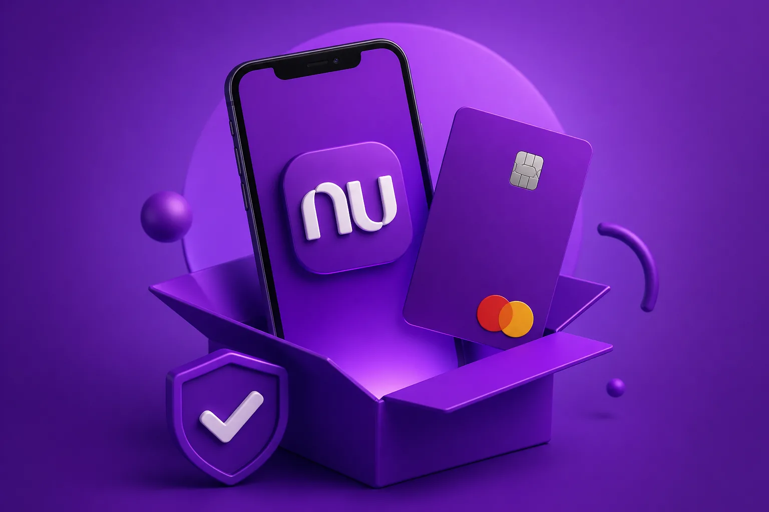 Ilustração de aplicativo bancário digital com smartphone e cartão roxo representando abertura de conta online