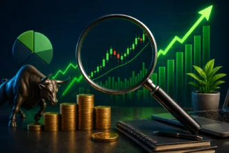 Ilustração de análise de ações com gráfico de alta, lupa ampliando candlesticks, moedas empilhadas e símbolo de mercado financeiro em crescimento.