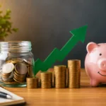 Moedas empilhadas, cofre em formato de porco e seta de crescimento representando investimento seguro em CDB