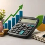 Calculadora financeira com moedas, cofre e gráficos de crescimento representando planejamento financeiro e investimentos