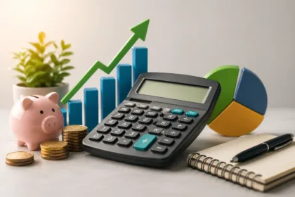 Calculadora financeira com moedas, cofre e gráficos de crescimento representando planejamento financeiro e investimentos