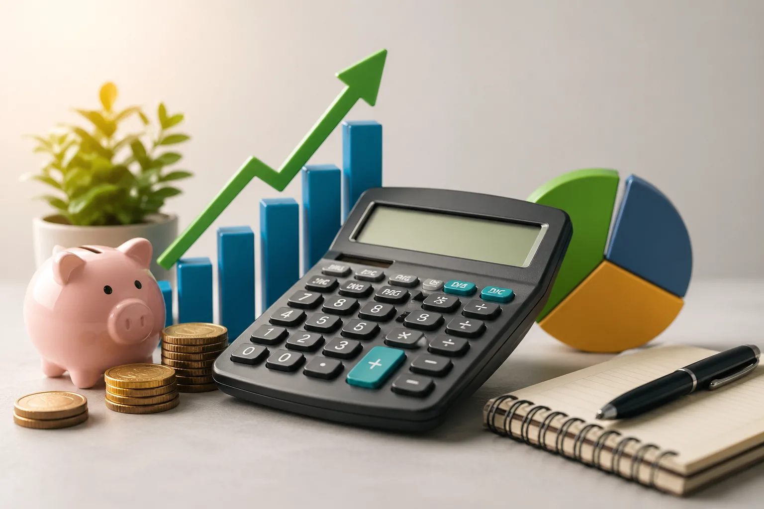 Calculadora financeira com moedas, cofre e gráficos de crescimento representando planejamento financeiro e investimentos