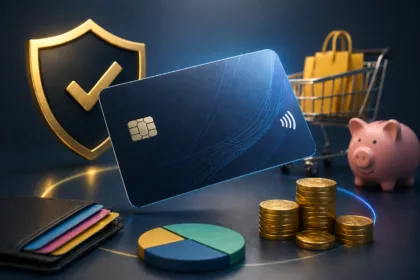 Cartão de crédito moderno com moedas, cofre em formato de porquinho e símbolo de segurança representando economia e controle financeiro sem anuidade.