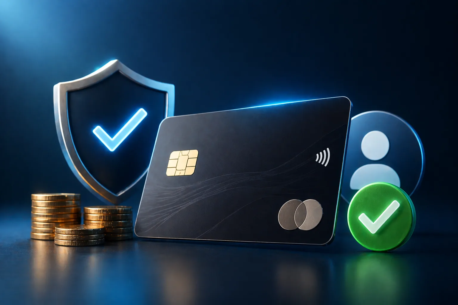 Cartão de crédito moderno com símbolo de aprovação, moedas e escudo representando acesso a crédito mesmo negativado