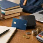 Cartão de crédito sobre mesa com caderno, livros, moedas e calculadora representando finanças para estudantes