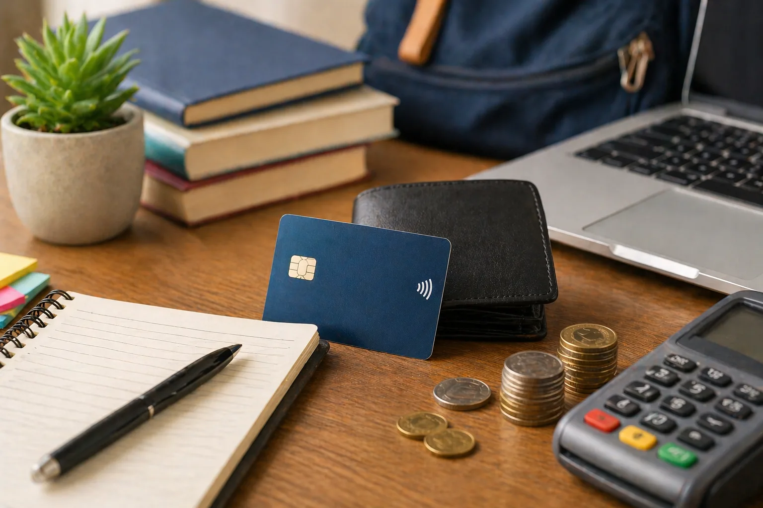 Cartão de crédito sobre mesa com caderno, livros, moedas e calculadora representando finanças para estudantes
