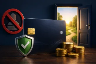 Cartão de crédito com símbolo de aprovação, moedas empilhadas e porta aberta ao fundo representando oportunidades financeiras para negativados.