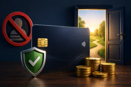 Cartão de crédito com símbolo de aprovação, moedas empilhadas e porta aberta ao fundo representando oportunidades financeiras para negativados.