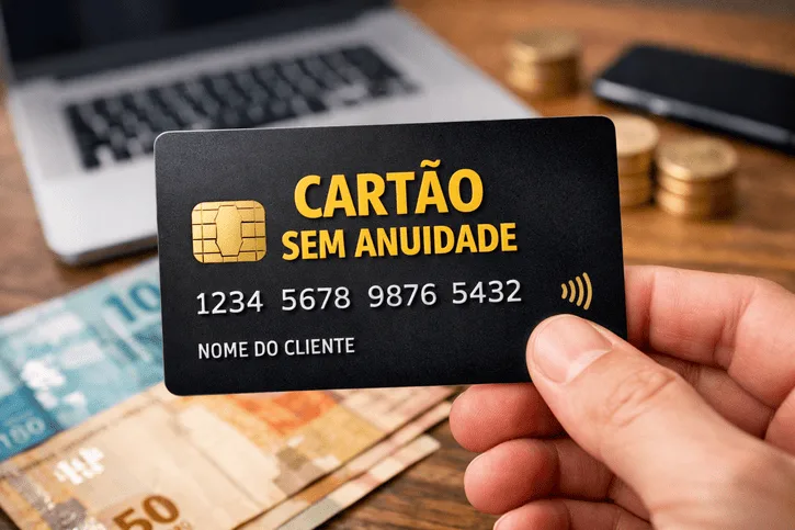 Cartão de crédito sem anuidade sendo segurado por uma mão com dinheiro, moedas e notebook ao fundo