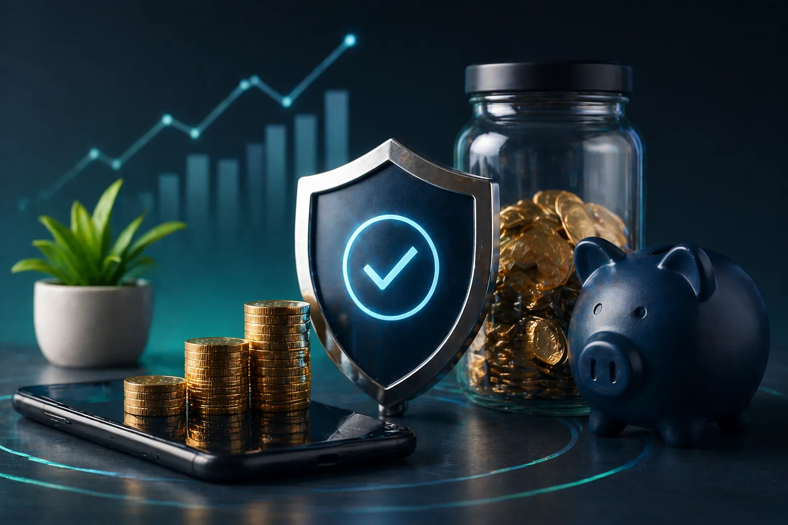Moedas empilhadas sobre smartphone com escudo de proteção e cofrinho, representando investimentos seguros em renda fixa