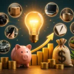 Ilustração de renda extra com lâmpada criativa, gráfico de crescimento, moedas e diferentes ideias de trabalho e ganhos