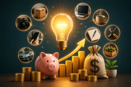 Ilustração de renda extra com lâmpada criativa, gráfico de crescimento, moedas e diferentes ideias de trabalho e ganhos