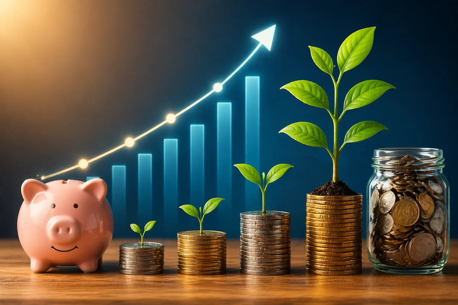 Moedas empilhadas com pequenas plantas crescendo, cofrinho ao lado e gráfico de crescimento financeiro ao fundo