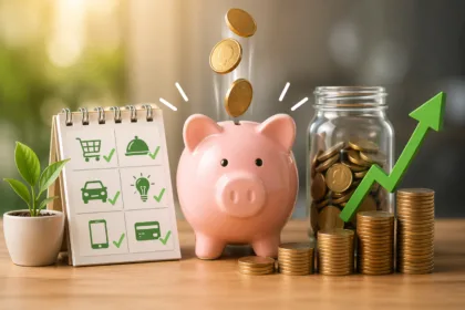 Cofrinho com moedas sendo depositadas, ao lado de pilhas de dinheiro e gráfico de crescimento representando economia e poupança
