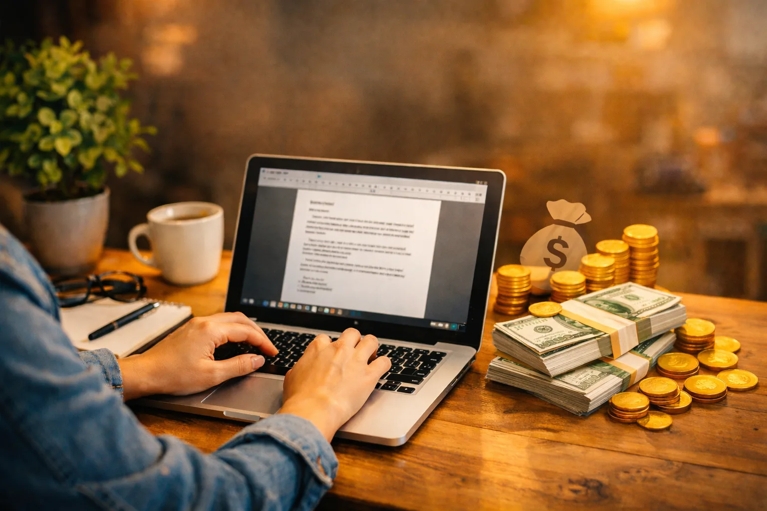 Pessoa digitando em notebook com dinheiro ao lado representando renda online digitando textos