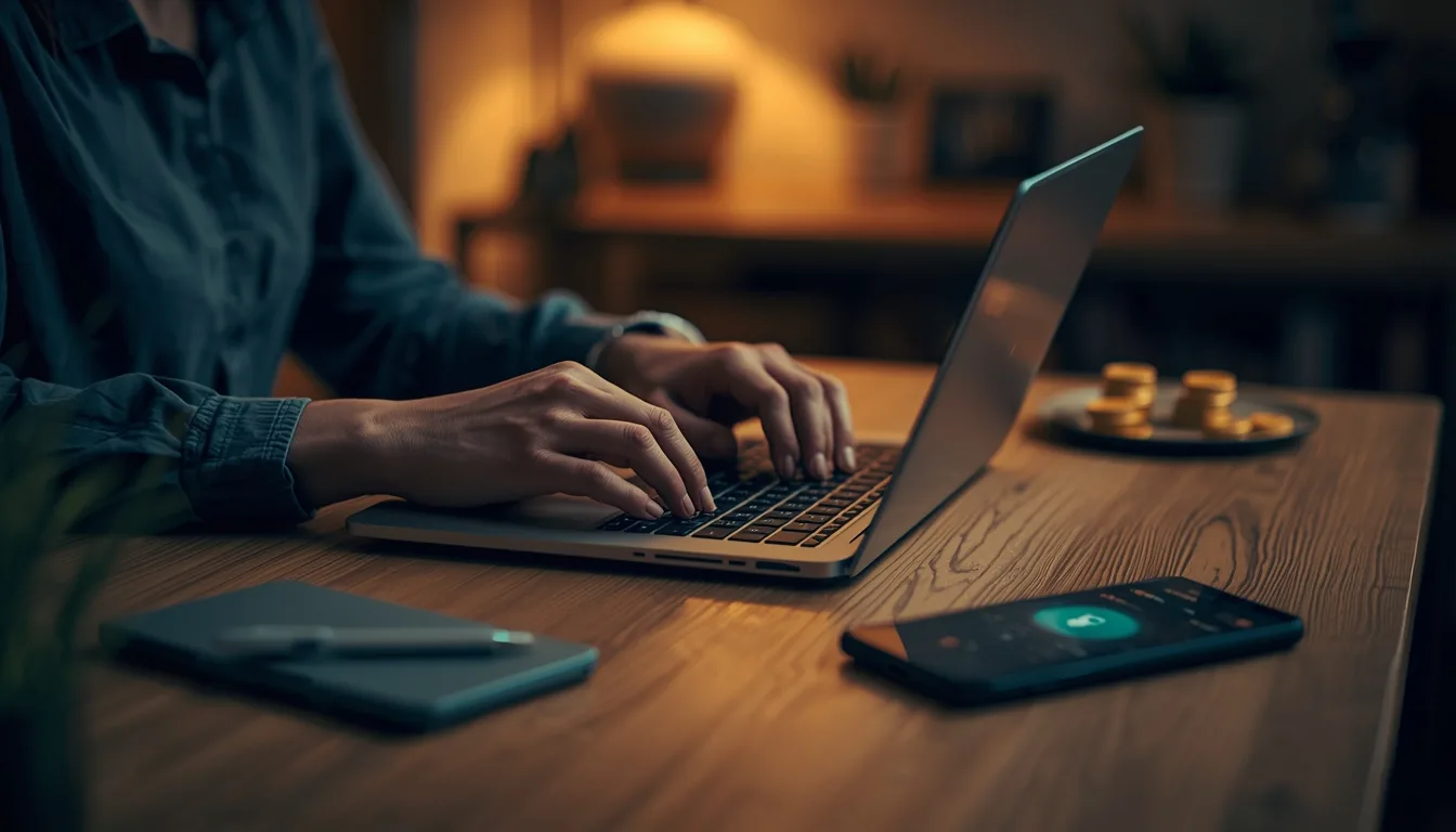 Pessoa trabalhando no notebook com dinheiro e celular representando renda online para iniciantes