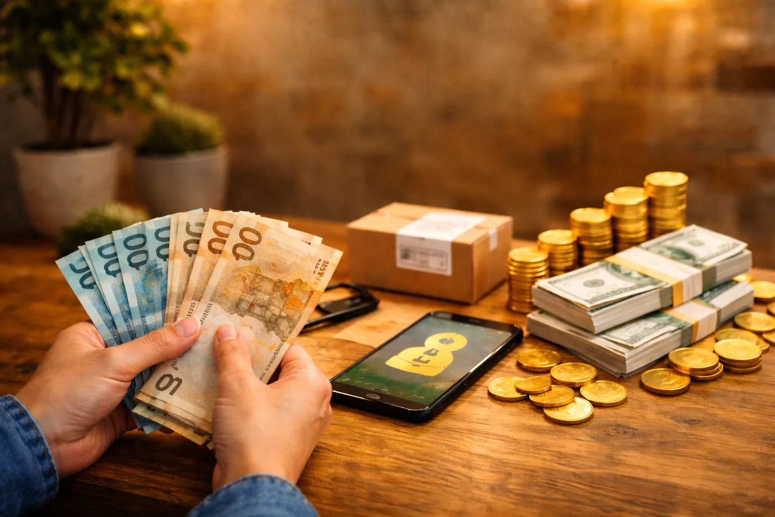 Pessoa segurando dinheiro em reais com moedas e celular representando formas de ganhar dinheiro rápido