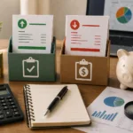 Documentos organizados em categorias de contas a pagar e receber com calculadora, moedas e relatórios financeiros