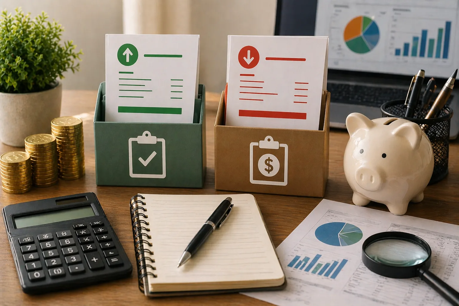 Documentos organizados em categorias de contas a pagar e receber com calculadora, moedas e relatórios financeiros
