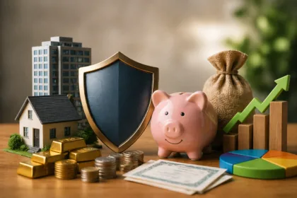 Diferentes tipos de investimentos como moedas, barras de ouro, imóvel e gráfico de crescimento ao lado de um cofrinho simbolizando diversificação financeira