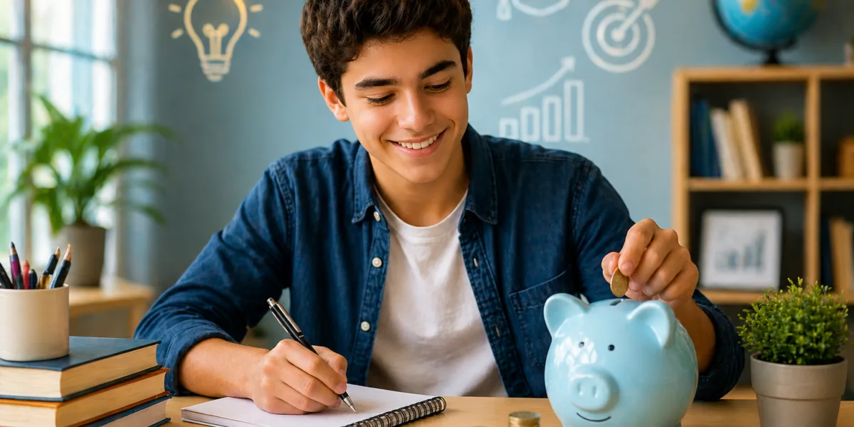 jovem colocando moeda no cofrinho enquanto anota gastos e aprende educação financeira