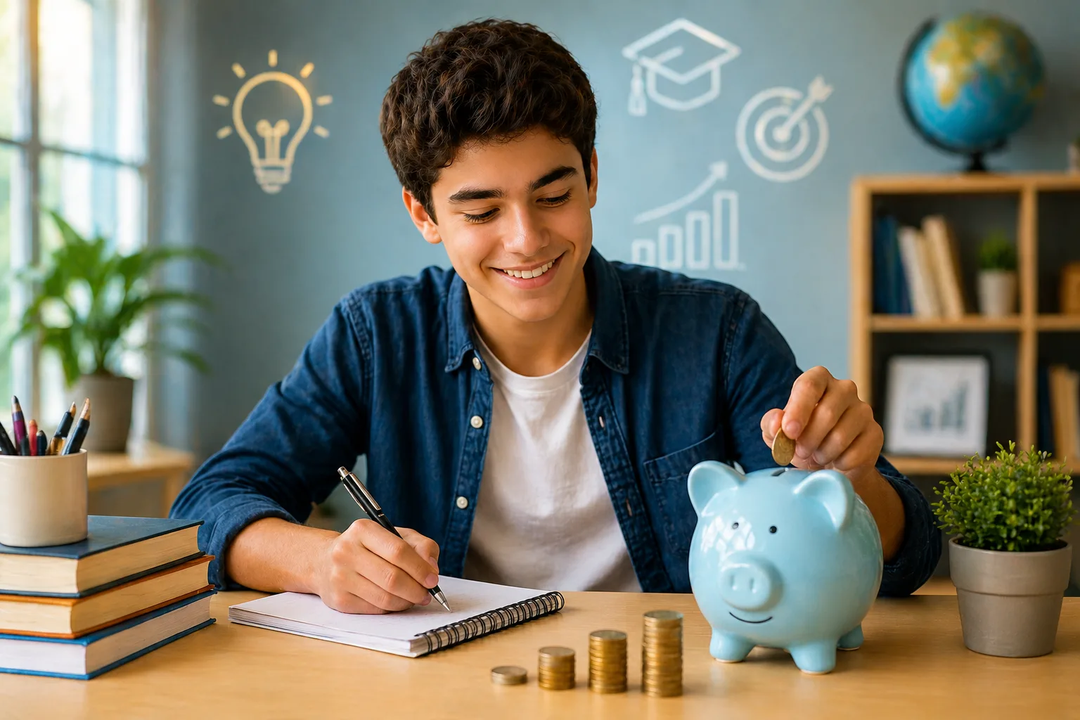jovem colocando moeda no cofrinho enquanto anota gastos e aprende educação financeira