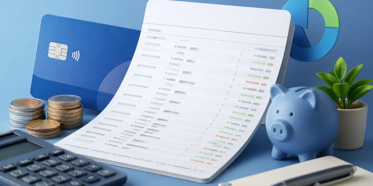 Extrato bancário sobre mesa com cartão de crédito, moedas, calculadora e cofrinho representando controle financeiro pessoal