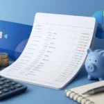 Extrato bancário sobre mesa com cartão de crédito, moedas, calculadora e cofrinho representando controle financeiro pessoal