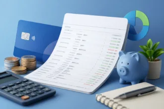 Extrato bancário sobre mesa com cartão de crédito, moedas, calculadora e cofrinho representando controle financeiro pessoal