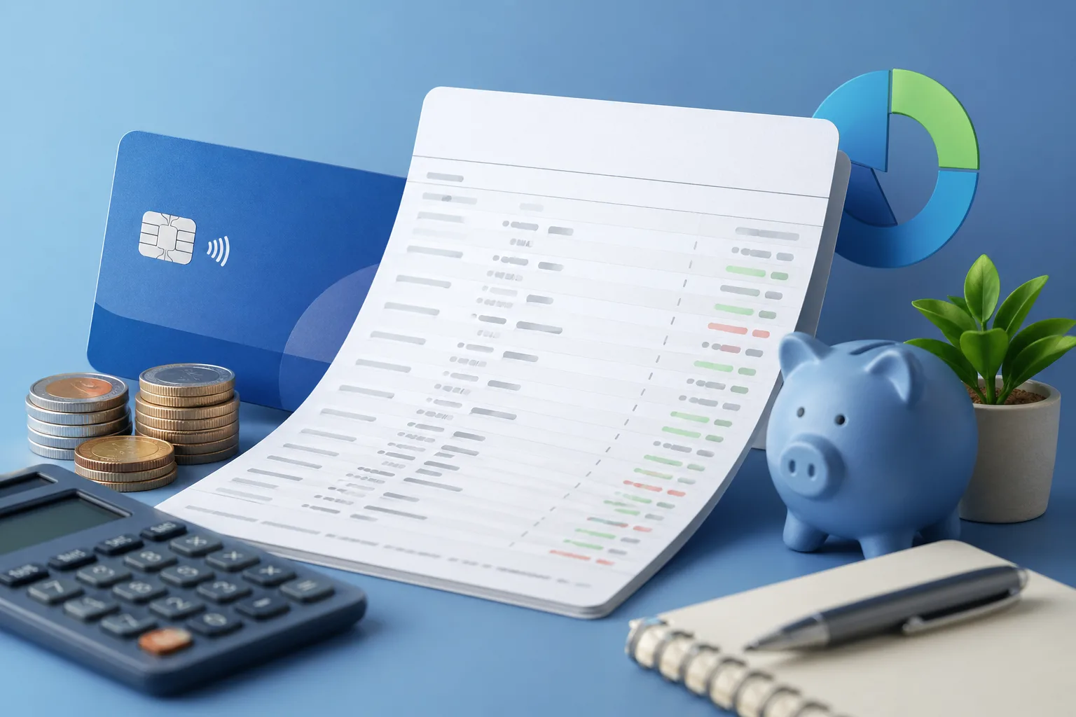 Extrato bancário sobre mesa com cartão de crédito, moedas, calculadora e cofrinho representando controle financeiro pessoal