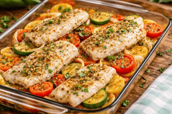 Filé de merluza assado com batata, cenoura, abobrinha e tomate em travessa de vidro